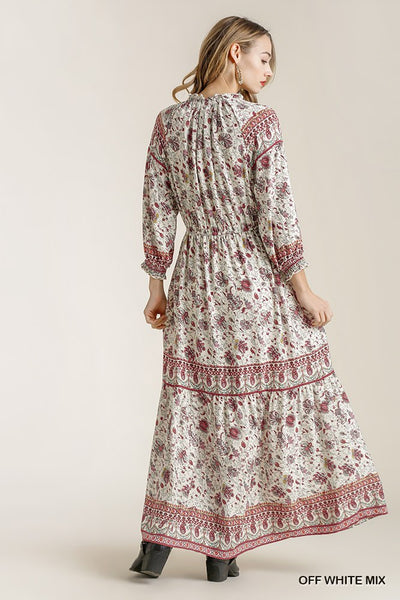 Paisley Print Smocked Ruffle Cuff Sleeve Elastic Waist Maxi Dress With Front String Tie